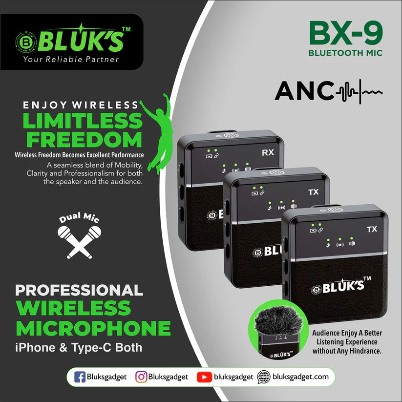 BLUX BX9 Dual Wireless Lavalier Mic – 360° Pickup ANC for iPhone, Android & DSLR