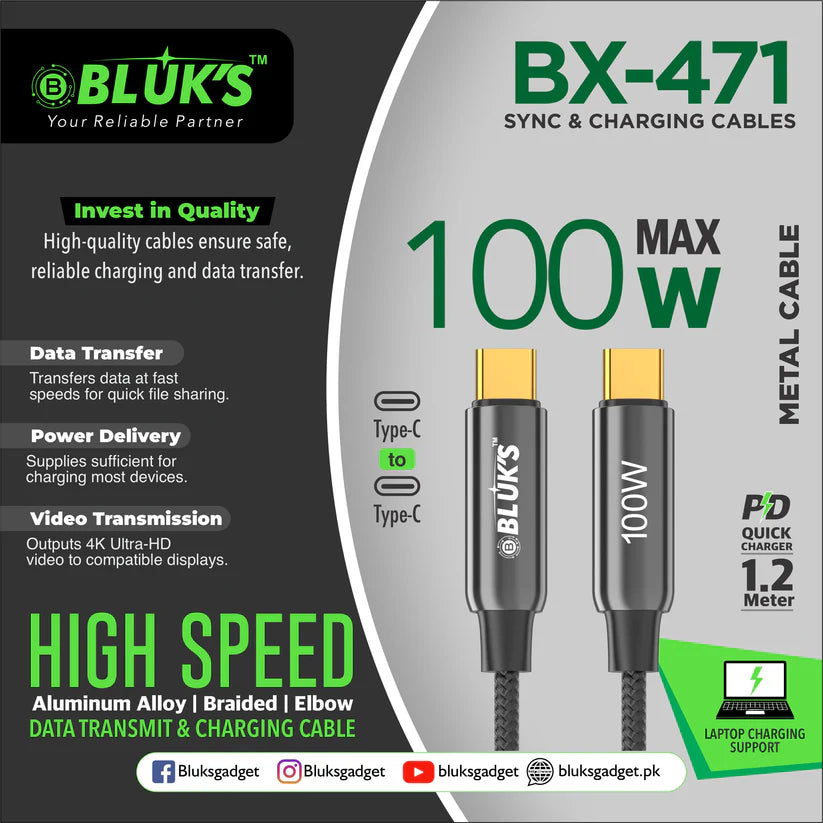 BLUX BX-471 100W Max Sync & Charging Cable – Fast Data Transfer