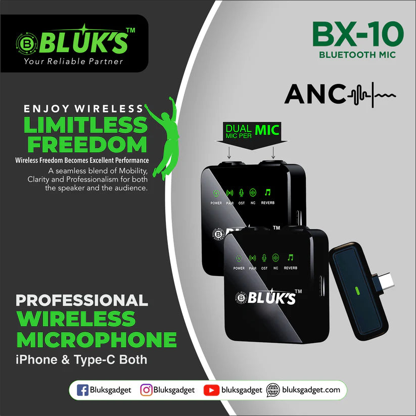 BLUX BX-10 Double Mic ANC Wireless Microphone – iPhone & Type C