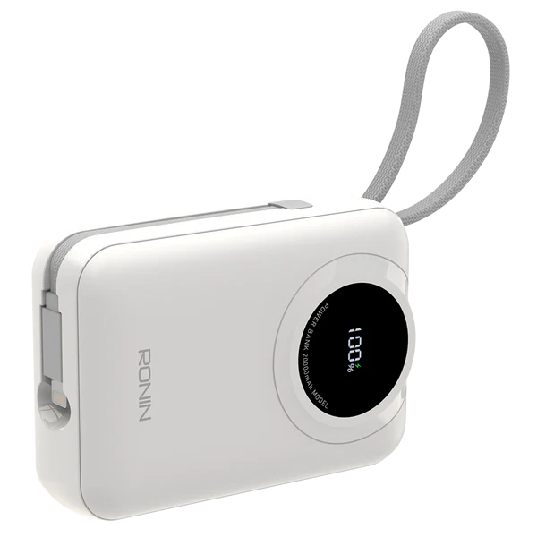 RONIN R-4035 ION 20000mAh Power Bank, 22.5W Fast Charging, Built-in Type-C & iOS Cables, Digital Display, Portable Fast Charger